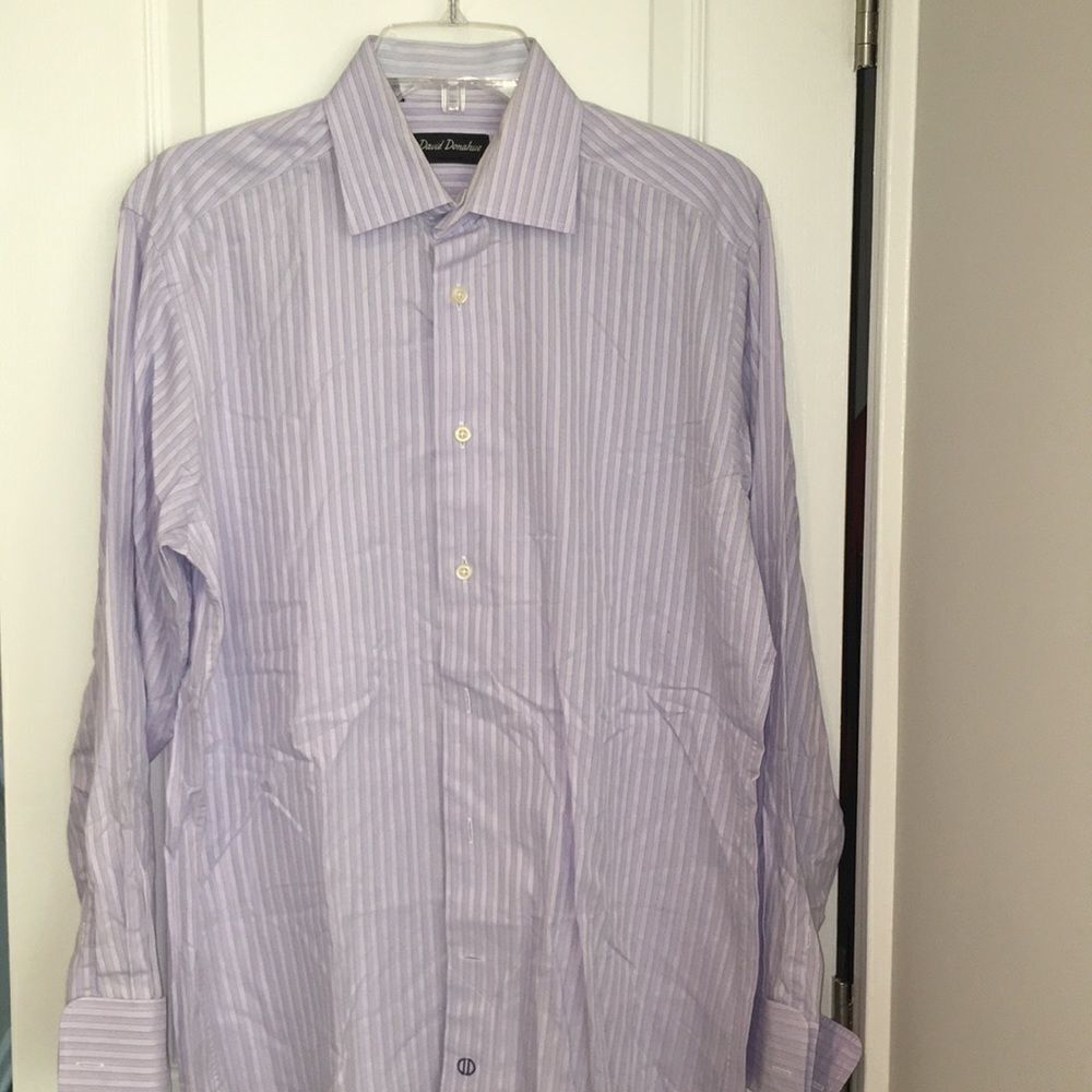 David Donahue Purple stripe mens work exquisite french cuff dress shirt-M 15 1/2